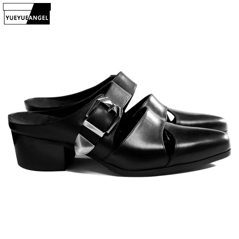 Summer Fashion Mens Genuine Leather Slippers Pointed Toe Buckle Hollow Leather Shoes New Male Black Sandals High Quality Loafers