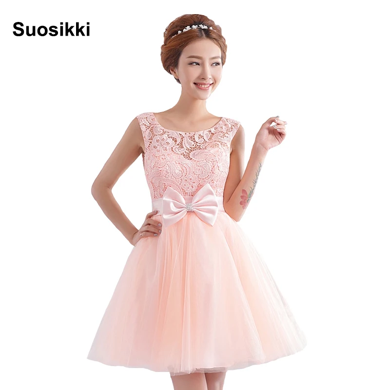 Tulle Lace Short Prom Evening Dress Girl Lovely Club Party Gown Bow Red Champagne Skin Pink Cocktail dress