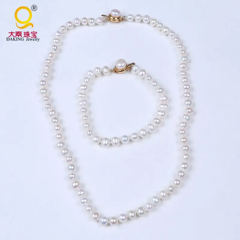 

Classic 6-6.5mm white potato shape freshwater pearl set necklace & bracelet set with good quality clasp perfect wedding gift