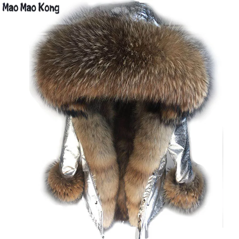 

Real Natural Fur Coat Long Silver Winter Jacket Women Fur Liner Hooded Parkas Removable Liner