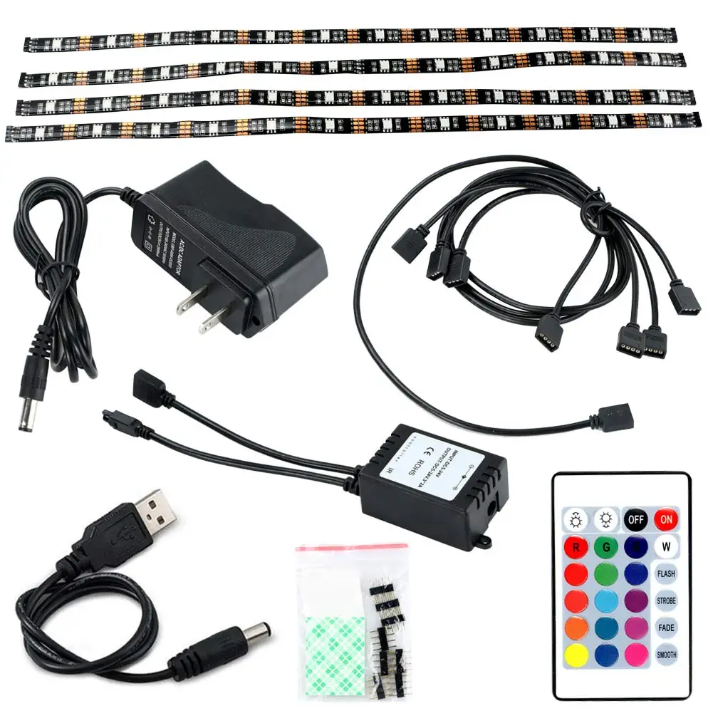 4PCS HDTV 5V RGB 12Led Strip Light USB Power TV Backlighting W/Remote Control Set US plug cut the length Y7