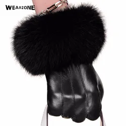 Winter black sheepskin Mittens Leather Gloves For Women Rabbit Fur Wrist Top Sheepskin Gloves Black Warm Female Driving Gloves