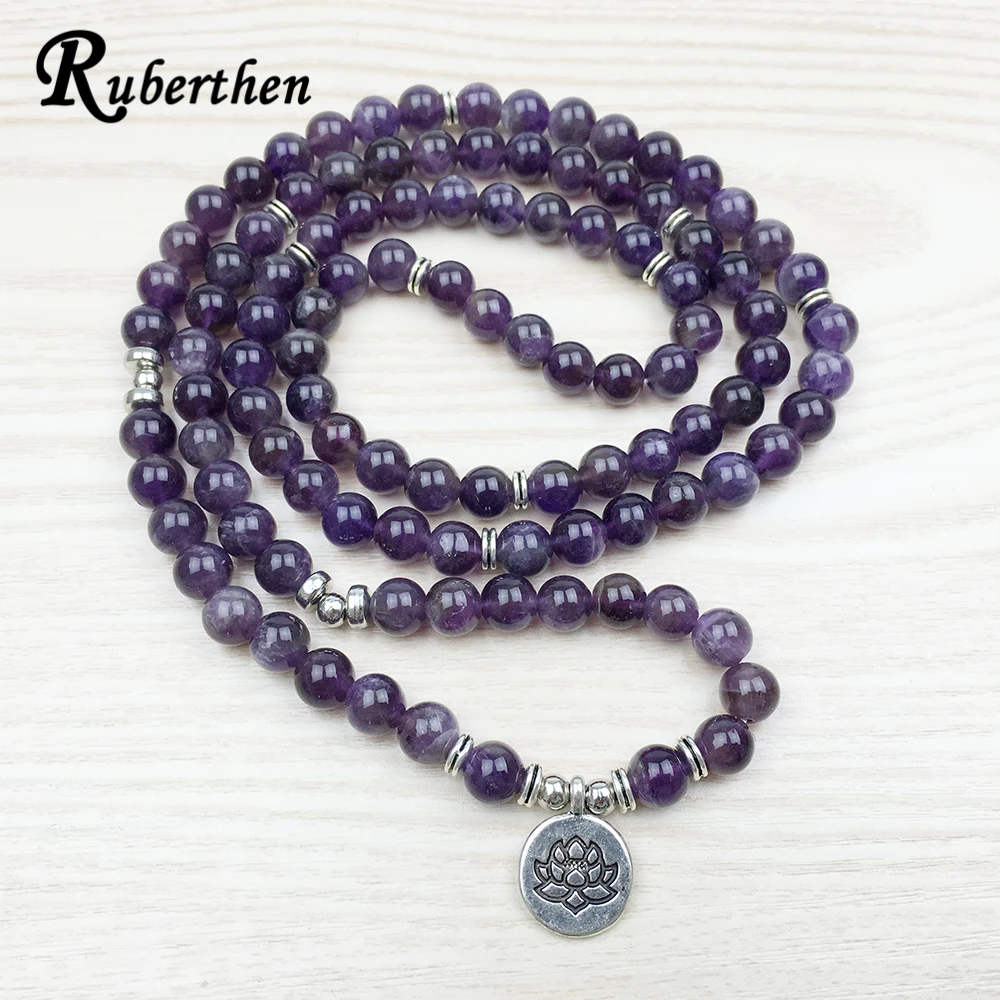 Ruberthen New Luxurious Design Amethyst 108 Mala Lotus Bracelet or Necklace Reiki Charged Buddhist Rosary Bracelet