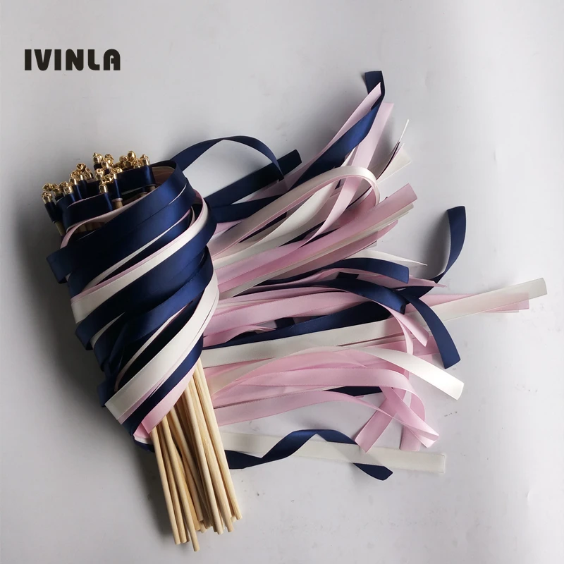 50pcs/lot grey navy pink wedding ribbon wands with sliver bell for wedding decoration