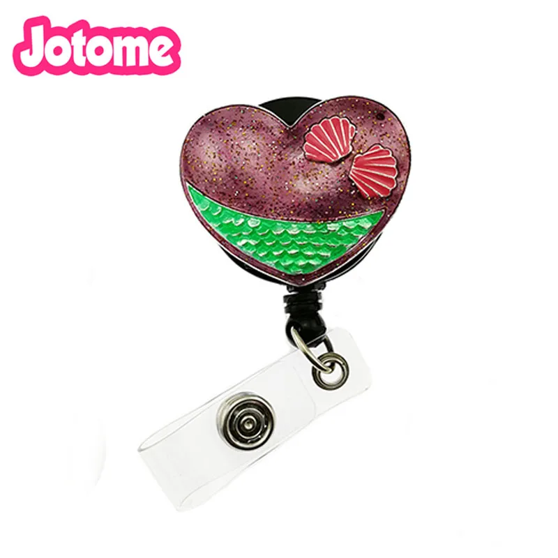 10pcs/lot free shipping sparkly mermaid with shell heart shape retractable ID badge holder reel clip nursing/nurse