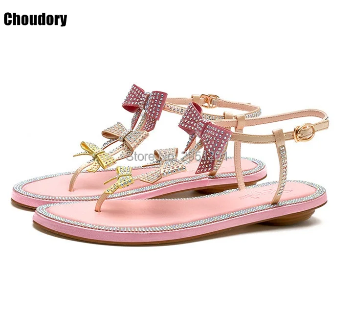 

New Fashion Butterfly-knot Bow-knot Rome Crystal Rhinestones Sandals Gladiator Shoes Ladies Open Toe Flats Shoes Women