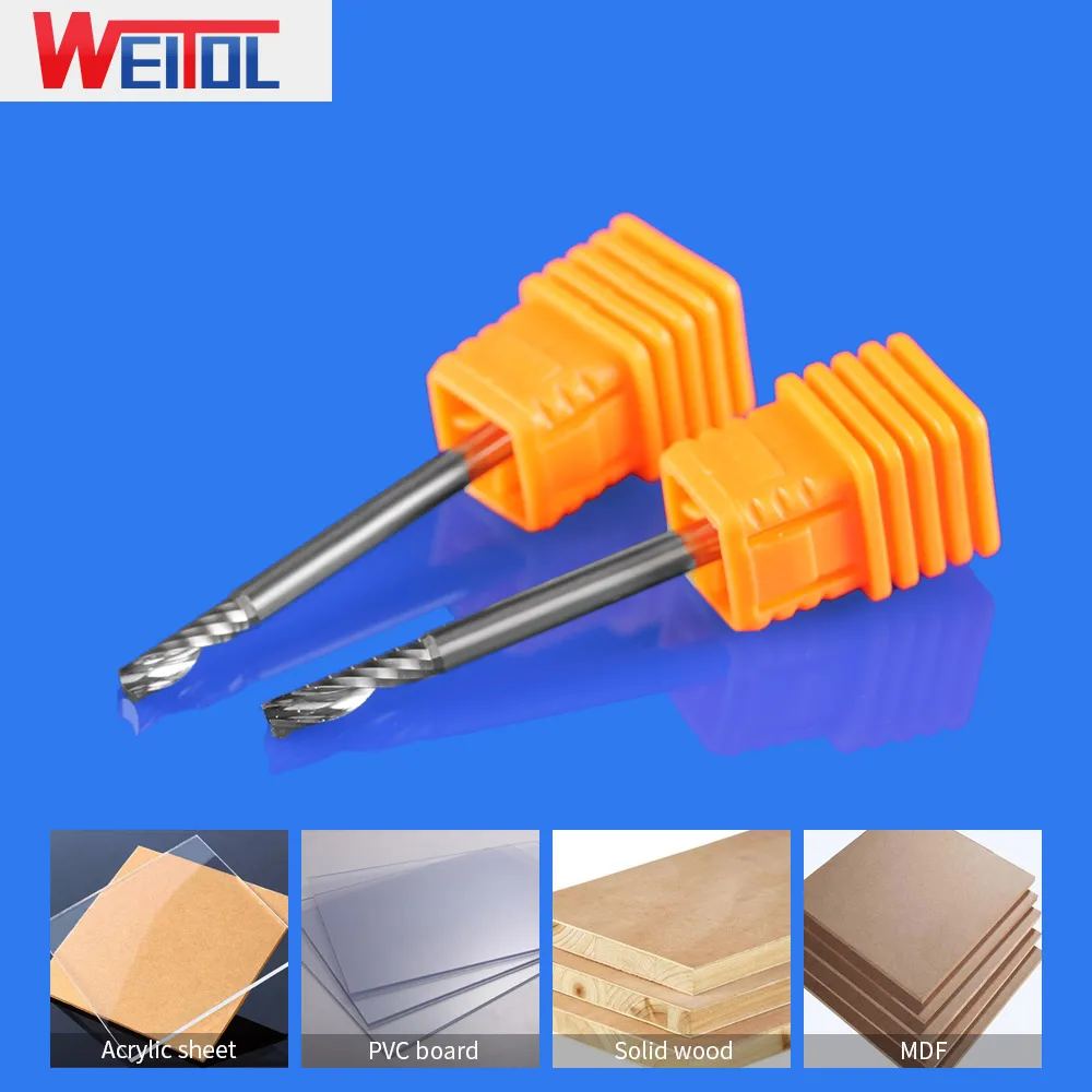 Weitol 5A 3.175 Mm 1/8 Inch Shank 1 Seruling Akhir Pabrik untuk Cut Acrylic Carbide Milling Cutter Spiral PVC Cutter