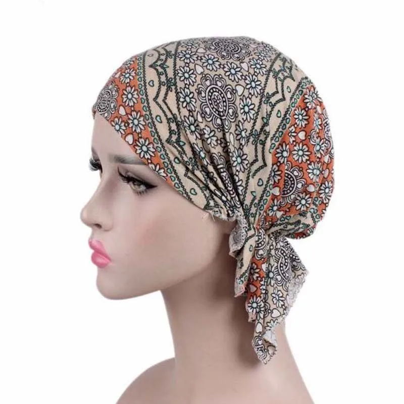 New Stretch Cotton Printing CHEMO CAP Pre-tie style Spring Summer Brand Skullies Beanies Women Turban Chemotherapy Cap