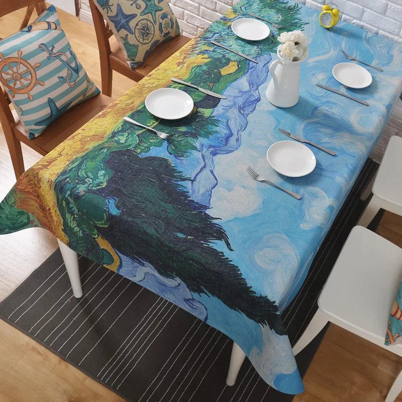 Art Oil Painting Star Apricot Table Cloth Thick Linen Customize Dining Coffee Tablecloth Restaurant Home Decorative Cloth Cover