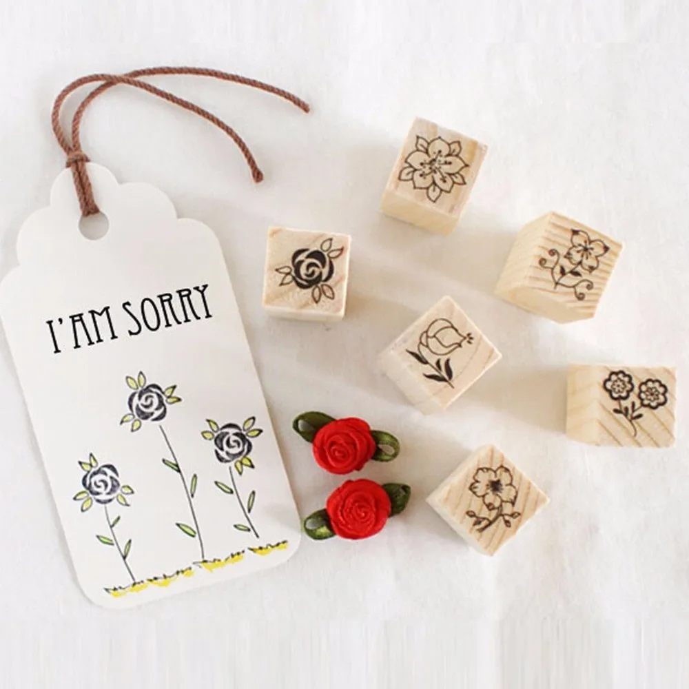 12Pcs Flowers Floral Wood Stamps DIY Wooden Rubber Stamp Rose Flower Letters Diary Craft Card Stamps Set for Scrapbooking