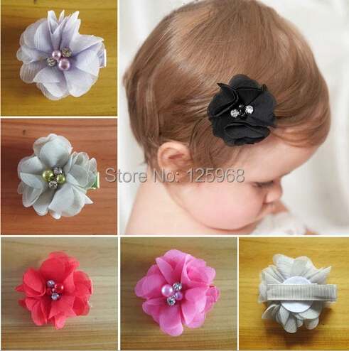 Free Shipping Wholesale 70pcs/lot Baby Chiffon Flower Hairclip Ribbon Girl's Hair Accessories Children/Kids Hair clip With Beads