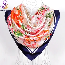 BYSIFA Women Satin Silk Scarf Hijab Brand Blue Pink Red Floral Pattern Square Scarves Wraps Spring Autumn Muslim Head Scarf Cape