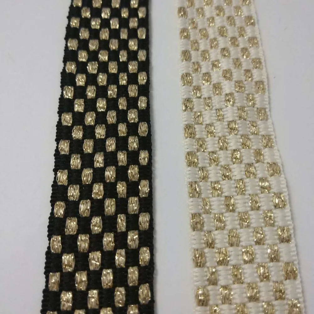 Twinkling Woven Gold Webbing 2.5cm wide Polyester Webbing Black and White Grid Bicolor Gold Ribbons For Clothing