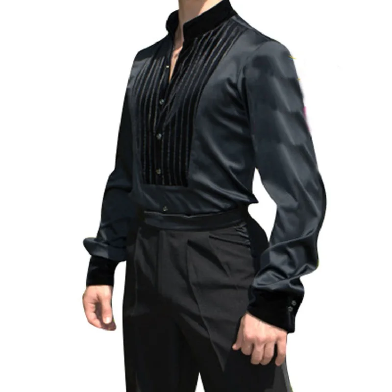 Latin Dance Shirts Men Black Long Sleeve Male Ballroom Salsa Samba Dancewear Professional Competition Men\'S Dance Top DNV10308