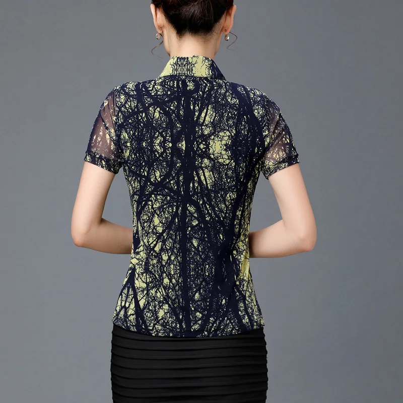 Chemisier en maille à manches courtes pour femme, Blouse extensible, Slim, 4XL, motif Floral peint, décontracté, été