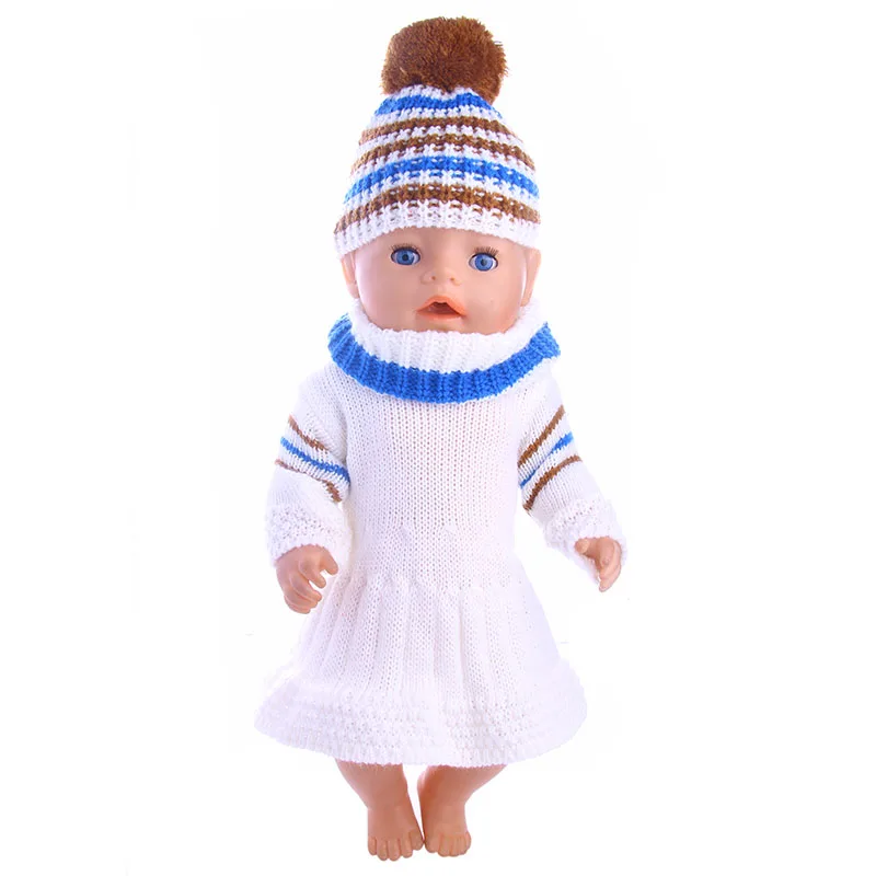 Doll Clothes 3 Pcs Handmade Doll White Sweater Dress+Scarf+Hat Fit 18 Inch American Doll &43 Cm New Born  Clothes