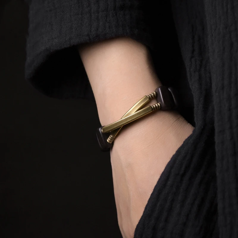 Two Row Ebony Copper Alloy Beads Bracelet Rock Metal Trendy Unique Geometric Beaded Jewelry Male Female Protective Punk Bangle
