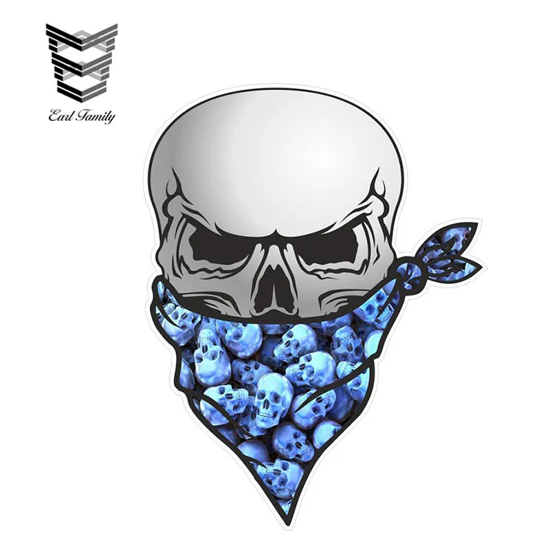 EARLFAMILY 12cm X 8.3cm Gothic Biker Pirate Skull with Face Bandana Pile of Blue Skulls Motif External Vinyl Car Stickers