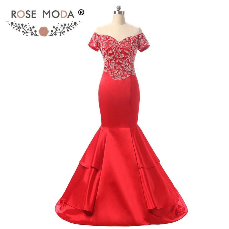 

Rose Moda Short Sleeves Red Mermaid Prom Dress Real Photos