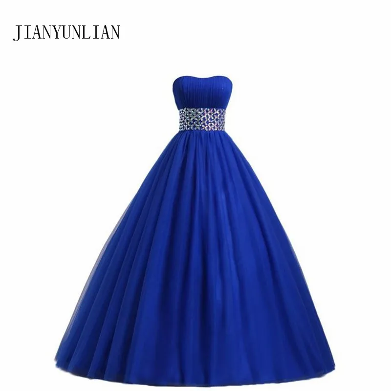 

Ball Gown Prom Dresses Vestito Da Sera Lungo Royal Blue Tulle Evening Dresses Crystals Floor Length Gowns