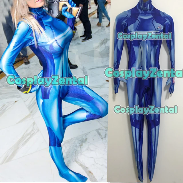 

Blue Samus Zero Cosplay Costume 3D Print Spandex Girl Zentai Suit Custom Made Halloween Costumes for Woman Hot Sale