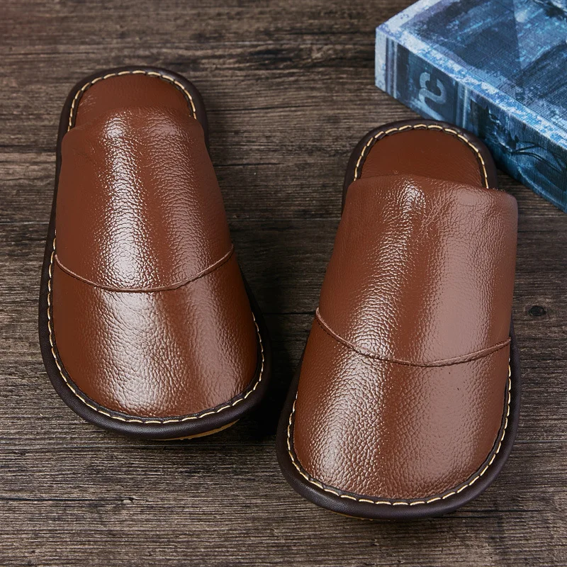 Mntrerm Men Winter Warm Home Slippers Couple Thick Plush Non-slip House Shoes Men Indoor Floor Bedroom Genuine Leather Slippers