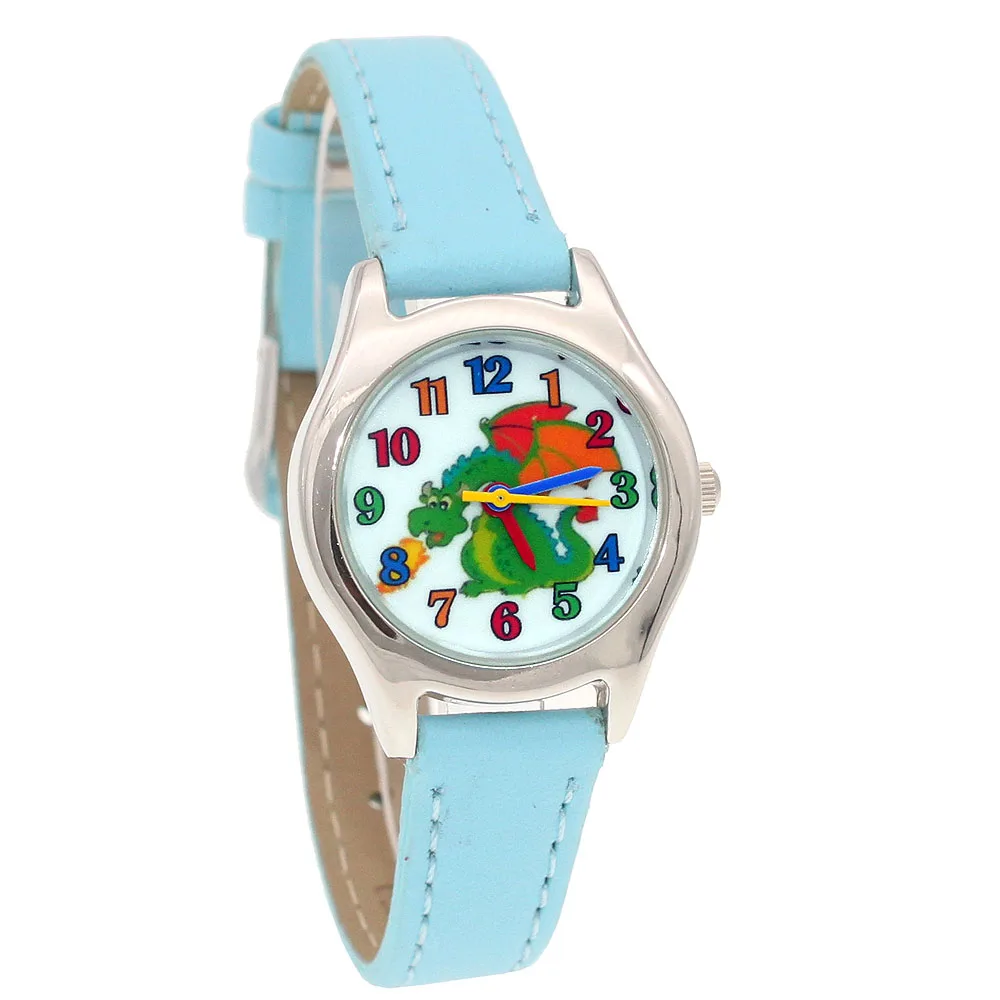 

cute fire dinosaur Leather Lovely Girl Boy Children's Gift learn time Quartz Student Kids Animal Wristwatch U86C xmas gift