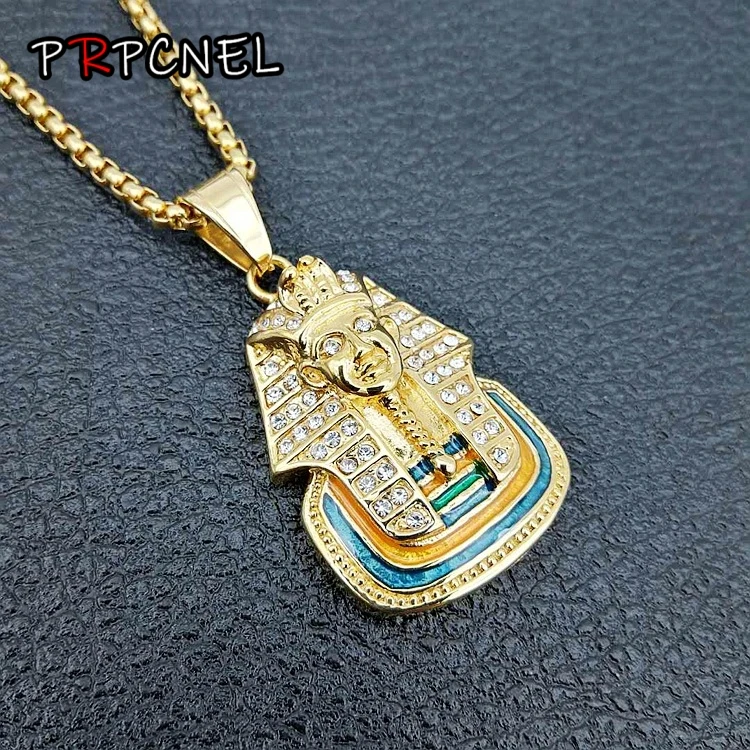 Punk Silver Gold Color Ancient Egypt King Tut Pharaoh Pendant Necklace zircon Cuban Chain Stainless Steel Men\'s Hip Hop Bling