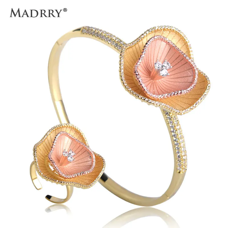 

Madrry Two Layers Lotus Leaf Jewelry Sets Bracelet Bangles Rings Set for Women High Quality Brass Cubic Zirconia Accessories