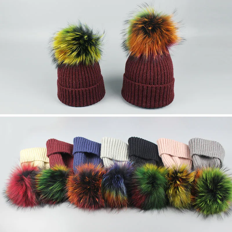 Pompom Hat Female Wool Raccoon Fox Fur Pom Poms Winter Hats Asymmetry High Quality Knitted Vogue Warm Casual Skullies Beanies