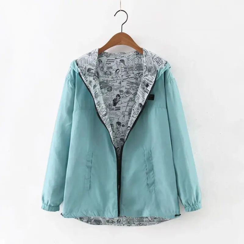 Spring Fashion women Bomber women Jacket Pocket Zipper Hooded Two Side Wear Outwear Loose Plus Size Windbreaker Famale