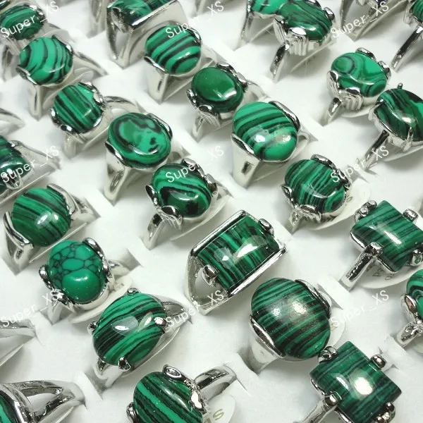 15Pcs Whole Jewelry Bulk Lots Mix Green Malachite Stone Silver Plated Ring For Women Men Fashion Jewelry Free Shipping LR524