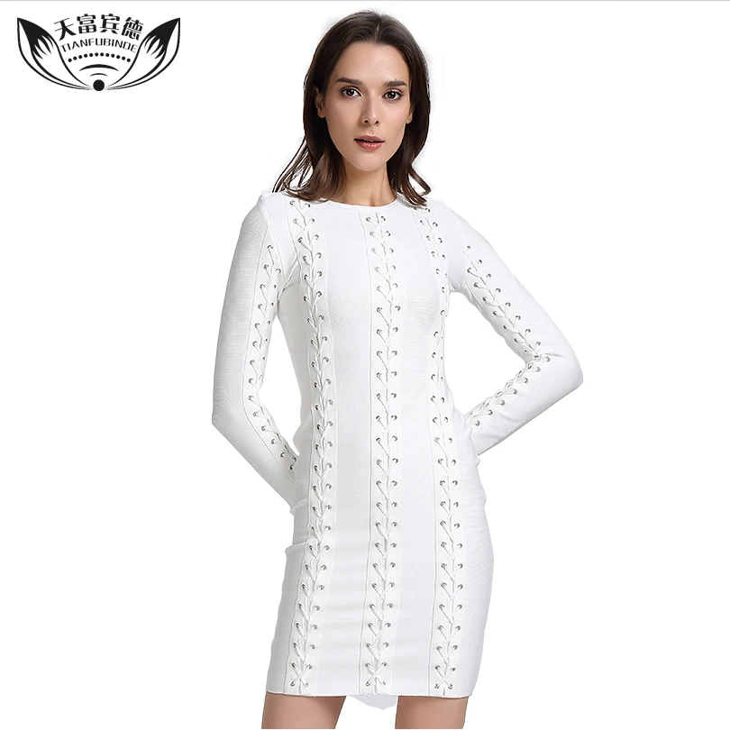 

New 2018 Elegant Bandage Dress White Lace Up O Neck Long Sleeve Sexy Women Celebrity Party Dresses Vestidos De Festa