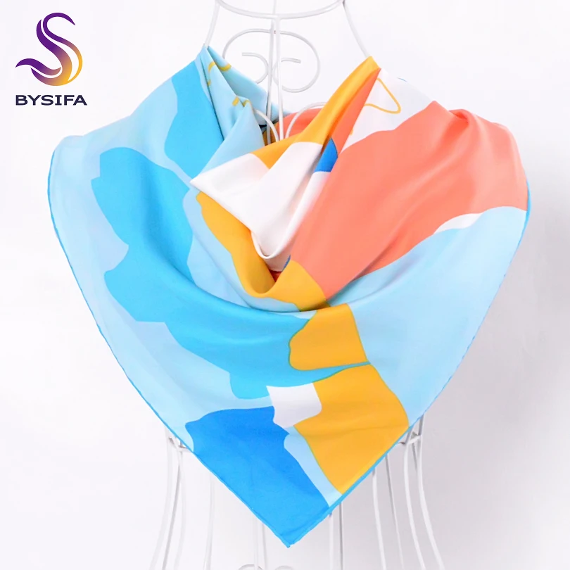 [BYSIFA] Ladies Pink Silk Scarf Shawl Fashion Accessories Twill Large Square Scarves Wraps 90*90cm Geometric Pattern Scarves