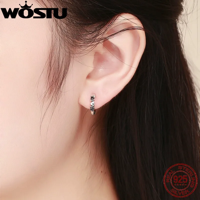 WOSTU Real 925 Sterling Silver Forever Love Heart, Black CZ Stud Earrings For Women Silver Earring Jewelry Lover Gift CQE445