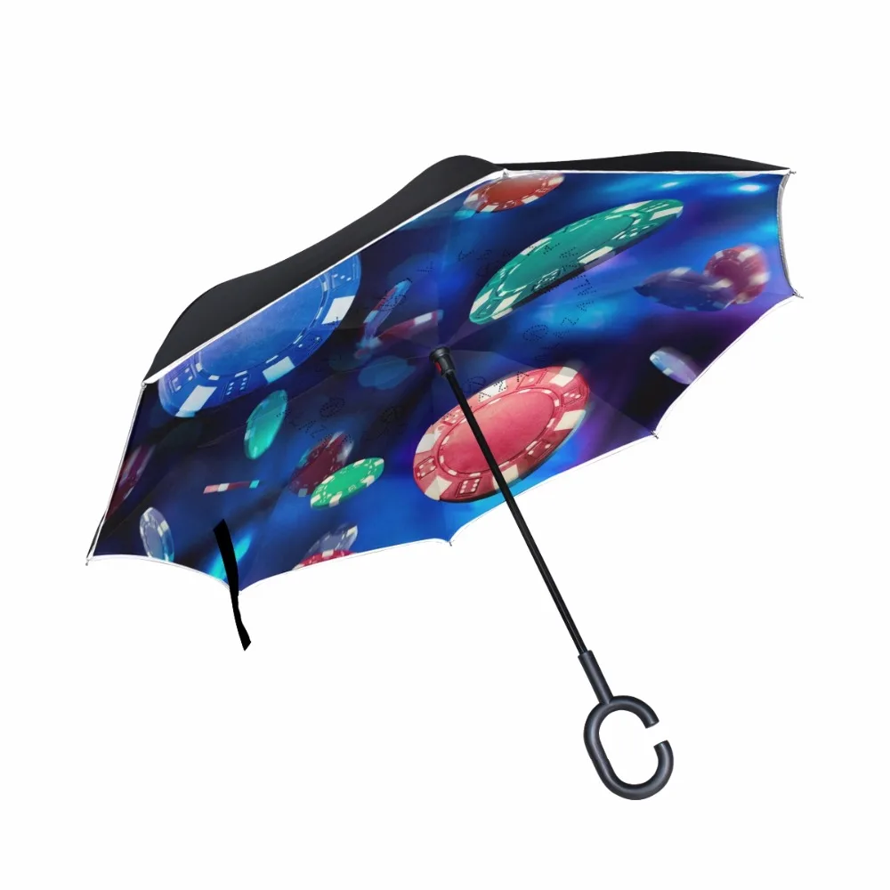 Casino Poker Chips Reverse Umbrellas Folding Double Layer Inverted C Hand Holder Stand Rain Windproof Rolling Over Umbrella