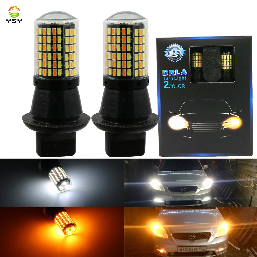 

T20 7440 W21W 3014 144SMD LED Bulbs Dual Color Turn Signal Light 1156 BA15S P21W BAU15S PY21W Led DRL Driving Running Light 12V