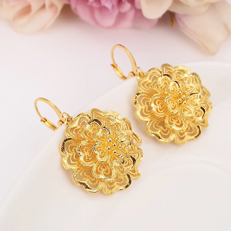 african Arab Dubai flower Earrings Gold Color Jewelry Ancient Coins Vintage Accessory for Women Girls kids party jewelry gift