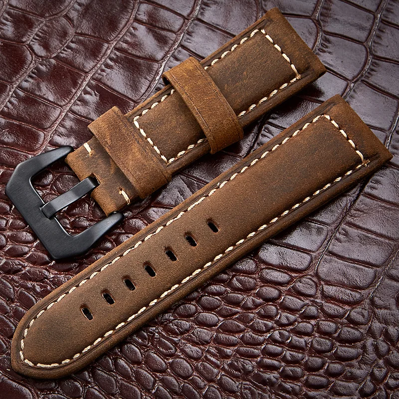 Watchbands 20 22 24 26mm Genuine Leather Dark Brown Black Man Women Handmade Vintage Scrub Wrist Watch Band Strap Metal Buckle