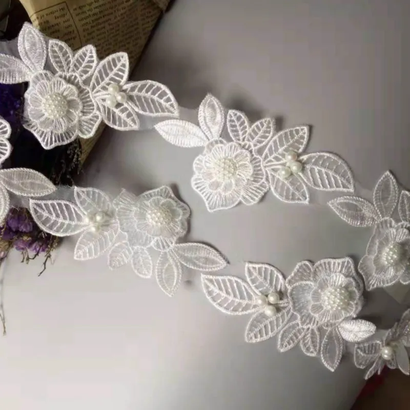 New 10x White Pearl Beaded Flower Leaf Embroidered Lace Trim Ribbon Fabric Handmade Sewing Craft For Costume Hat Decoration Hot