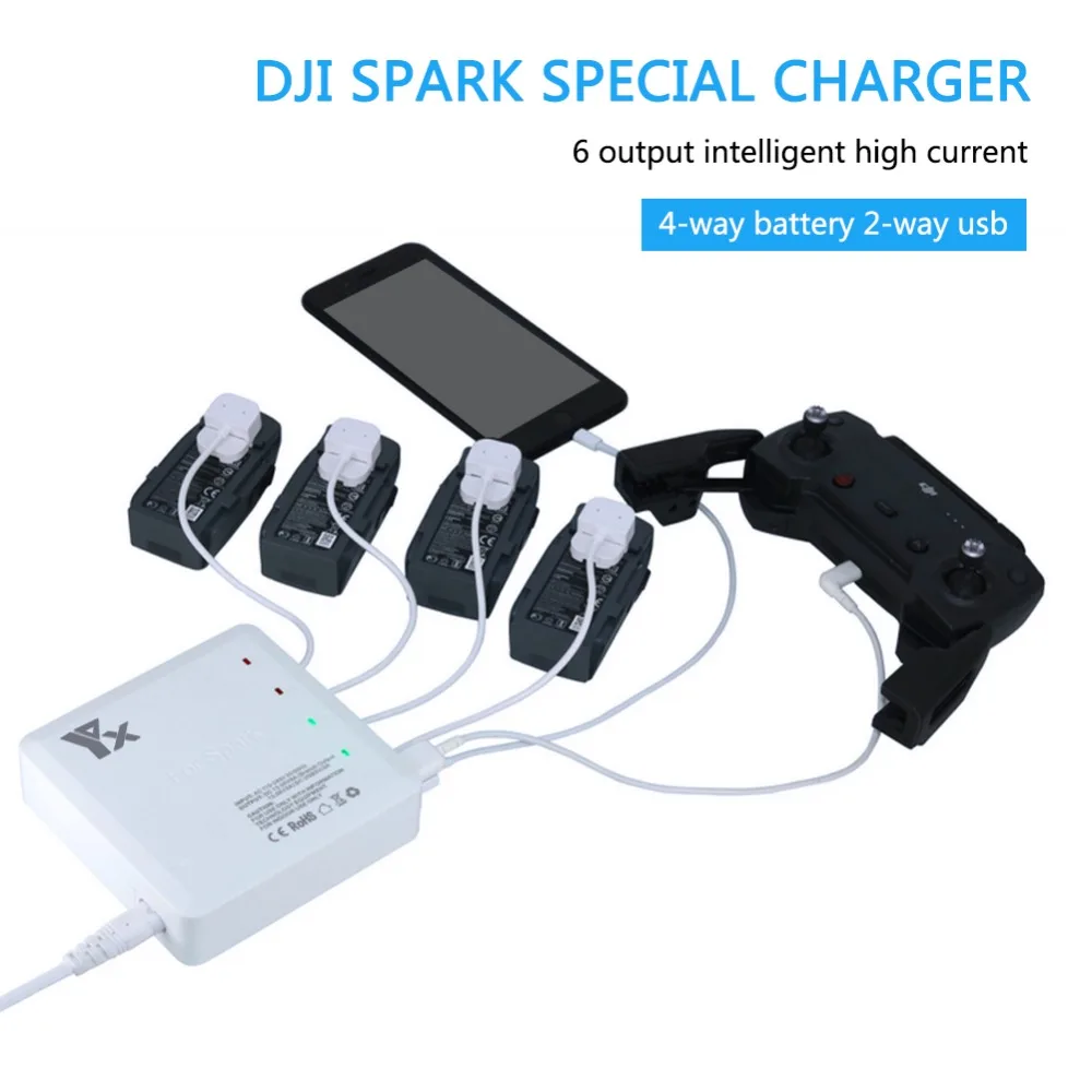 NEW fast charging 6 output Charger with 2 USB Ports and 4 adapters Charge charger for DJI Spark battery and remote control