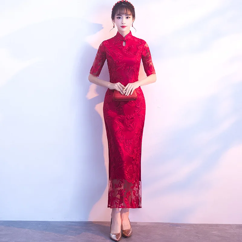 

Wedding Qipao Long Cheongsam Modern Chinese Traditional Dress Burgundy Sexy Cheongsam Dress Robe Chinoise Vestido Oriental Prom