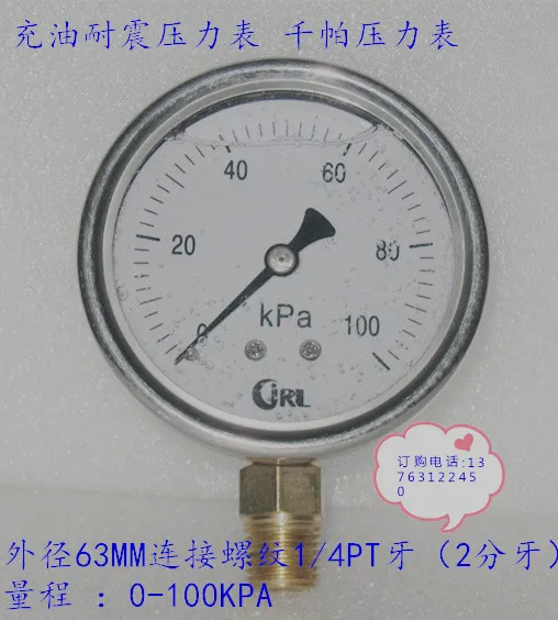 Manómetro sísmico Vertical de 60MM 0-100KPA lleno de aceite con carcasa de acero inoxidable