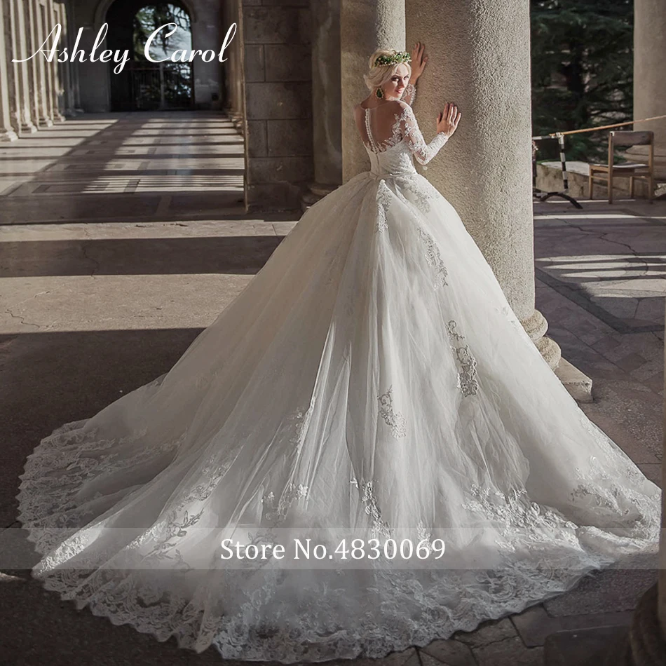 Ashley Carol Ball Gown Wedding Dress Vintage Lace Sexy Scoop Beaded Long Sleeve Princess Bride Dresses Luxury Wedding Gowns