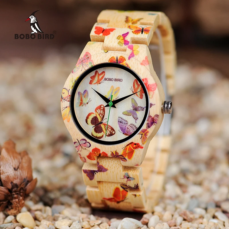 BOBO BIRD-reloj de madera para mujer, pulsera de bambú para mujer, pintura de mariposa, relojes de cuarzo, regalo personalizado en caja de madera,