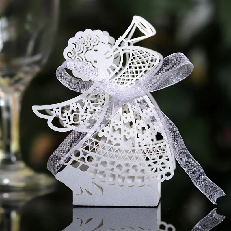 10pcs Laser Cut Hollow Carriage Favor Gifts Angel Girl Candy Boxes With Ribbon Birthday Baby Shower Wedding Party Favor Supplies