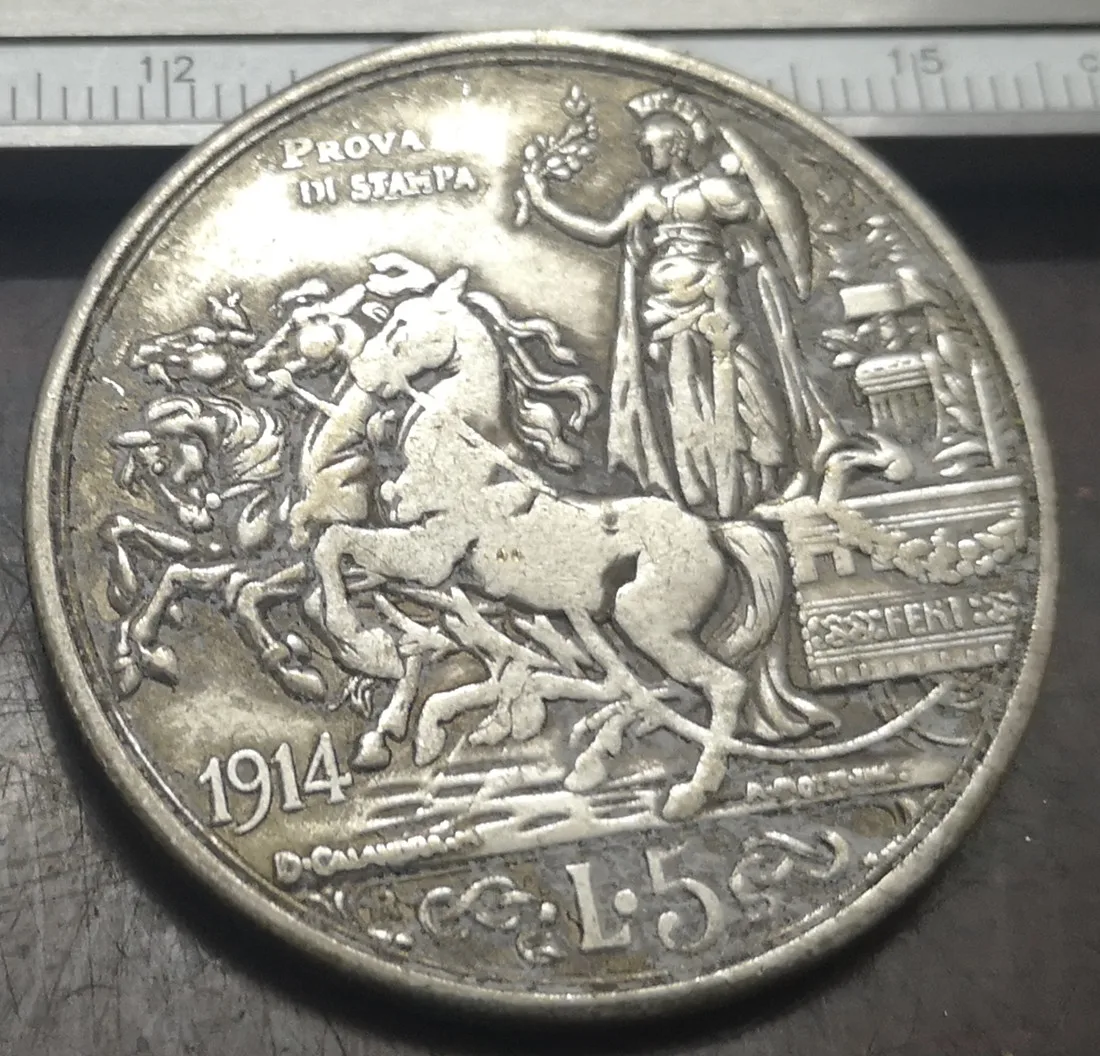 1914 Italy 5 Lire - Vittorio Emanuele III (Prova di stampa) Silver Plated Coin (Type 2)