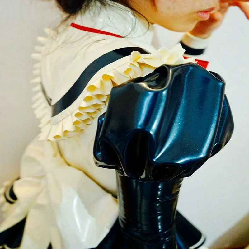 Latex  fetish Zentai catsuits with ruffle Pleats shoulder bowknots  whole set dress thigh stockings  cosplay  Maid Uniform