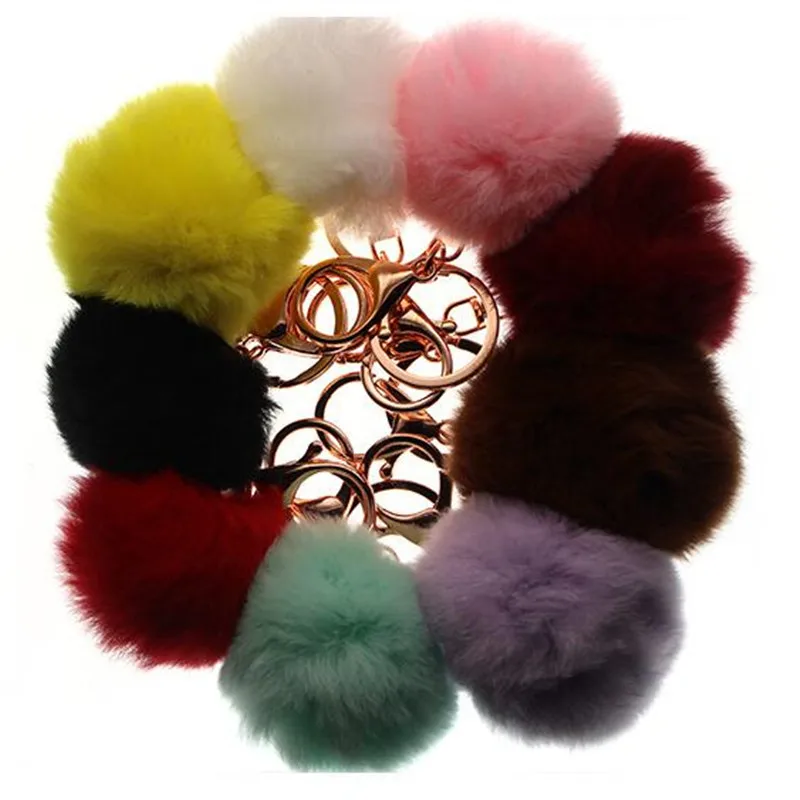 Llavero con forma de bola de conejo para mujer, llavero con pompón negro crema, piel de conejo Artificial, bolsa de coche, 16 colores, 6-8cm