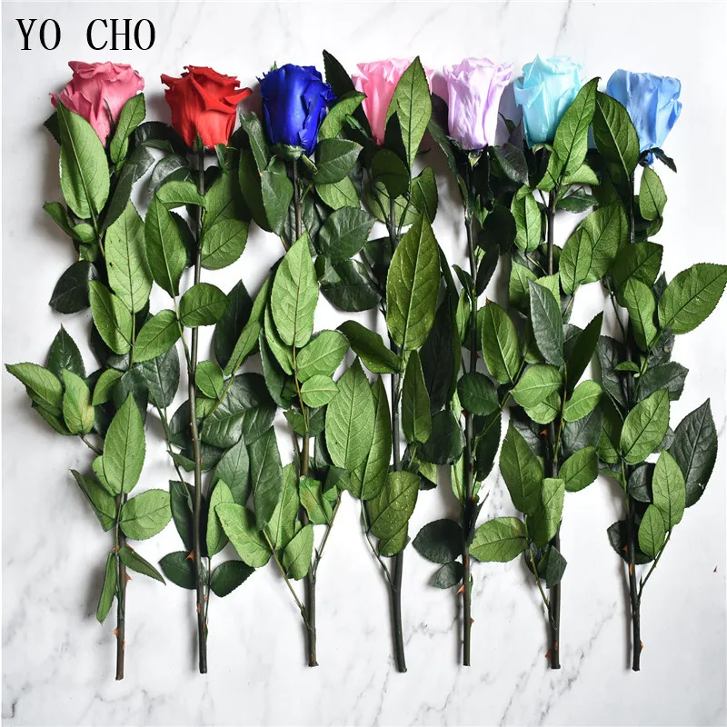 YO CHO 30CM Preserved Flower Branch with Thorns Leaf Eternelle Rose DIY Valentines Day Gift Wedding Wall Decor Artificial Flower